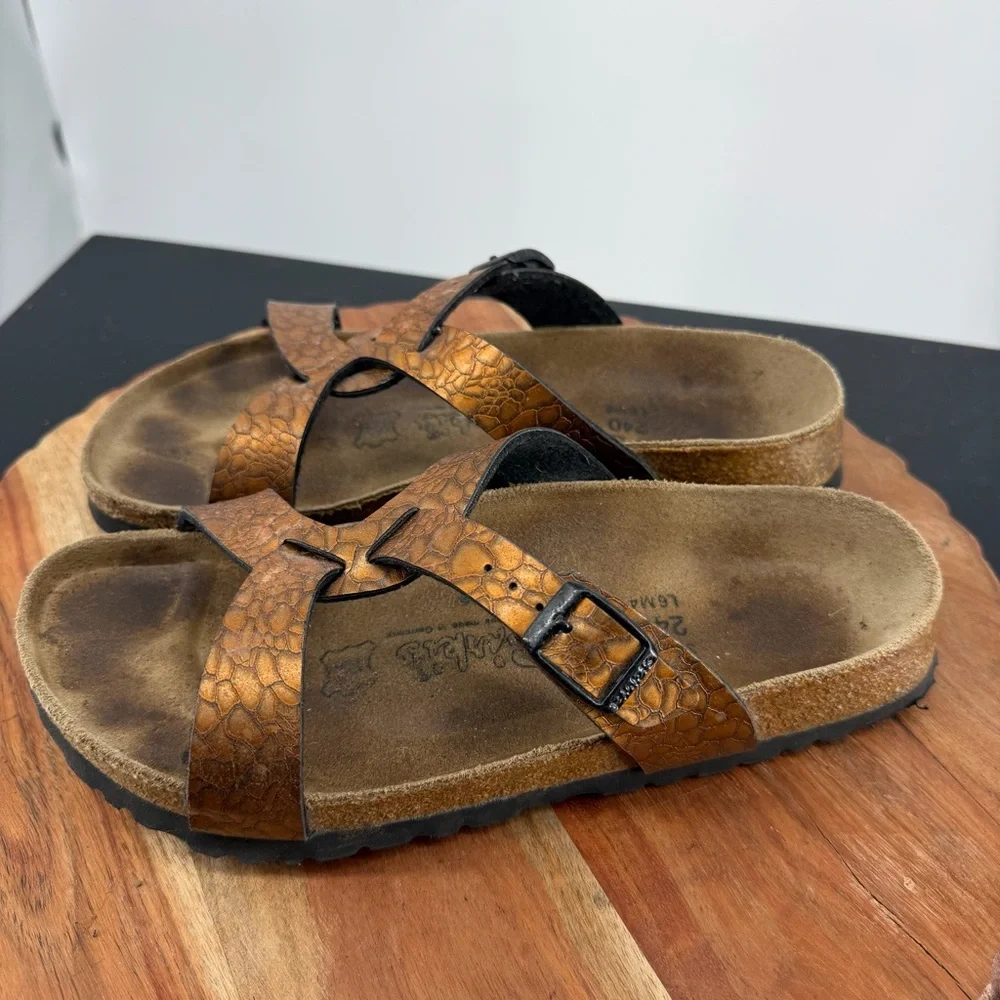 Birki’s by Birkenstock orange Bronze metallic snake cork leather sandals 37 US 6